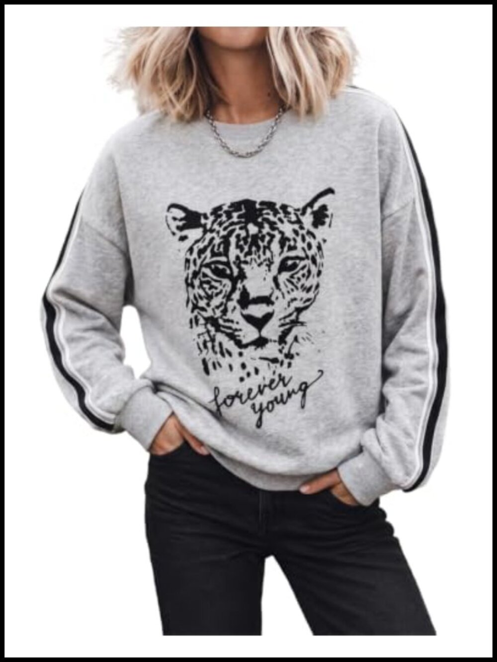 Leopard Graphic Crewneck Sweatshirt Stripe Sleeve Pullover